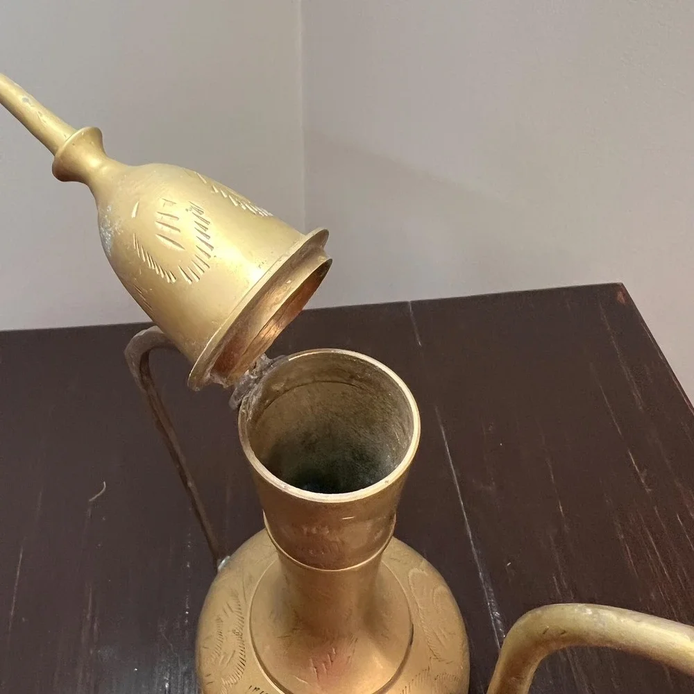 VTG Brass Ewer & 2 Goblets Set, Etched India Decanter Moroccan Style Pitcher Bar